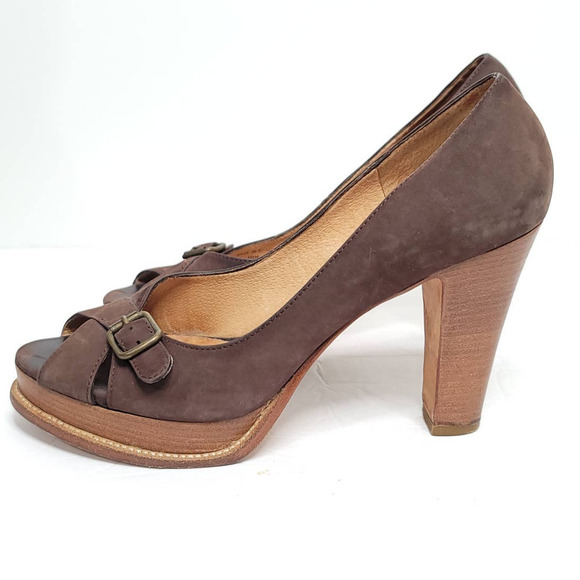 Michael Kors Open Toes Brown Heels Size 10M GENUINE All LEATHER SHOES Wood Heel - Picture 2 of 7